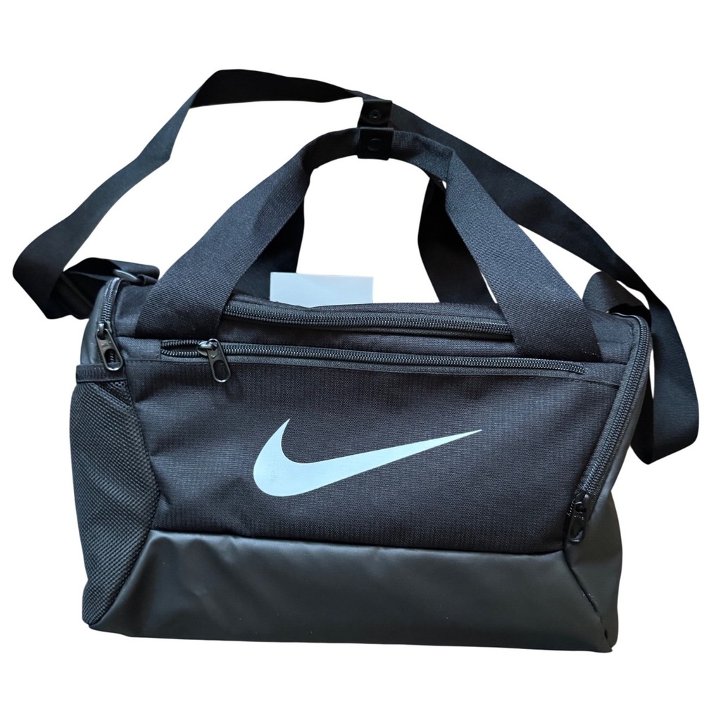 Nike All Black Brasilia 9.5 Training Duffel Crossbody Bag White Swoosh Logo